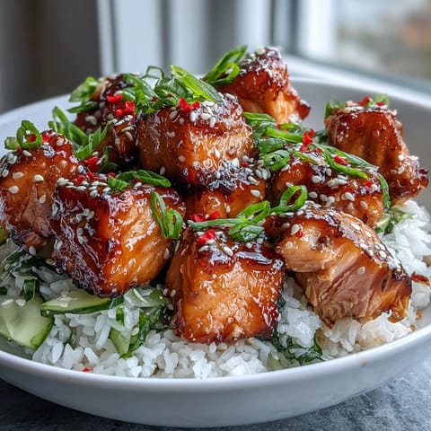 Spicy mayo salmon rice bowl with tender salmon cubes, creamy sriracha mayo, crisp cucumber, and sesame seeds over warm rice.  