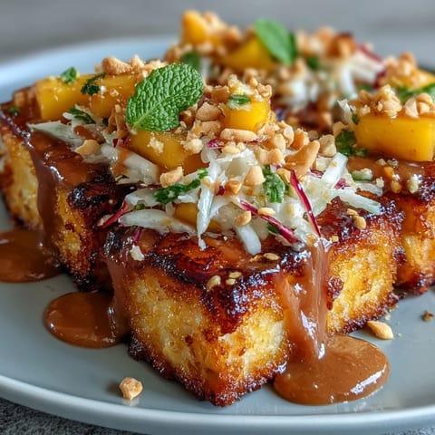 Vibrant Thai mango salad with crispy tofu and peanut sauce, showcasing fresh mango, colorful vegetables, and golden fried tofu cubes.