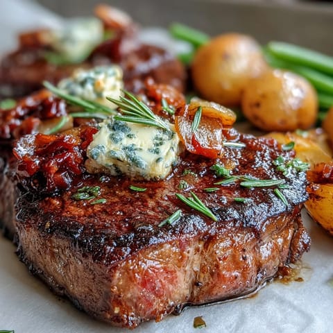 Sheet pan sizzling with a Father's Day Steak and Potato Dinner, potatoes golden brown.