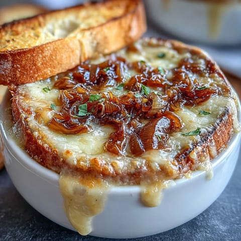 Golden Quick Onion Soup Gratin, bubbling with melted Gruyère cheese, ready to serve.