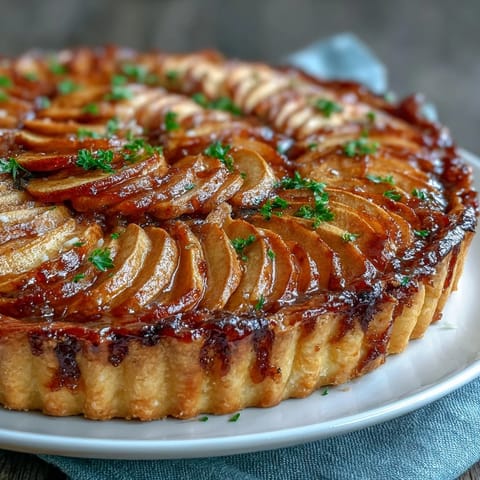 Golden brown Fast Apple Tart with tender cinnamon-spiced apples on flaky pastry.