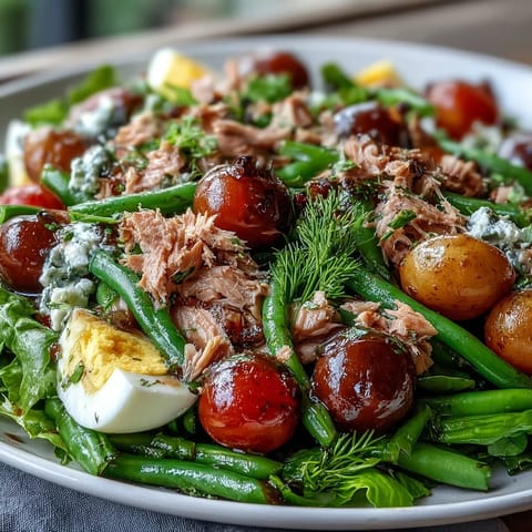 Vibrant Simple Niçoise Salad with tuna, eggs, and fresh vegetables on a platter.