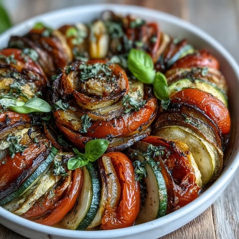 Colorful Easy Oven Ratatouille with fresh basil, tender roasted summer vegetables.