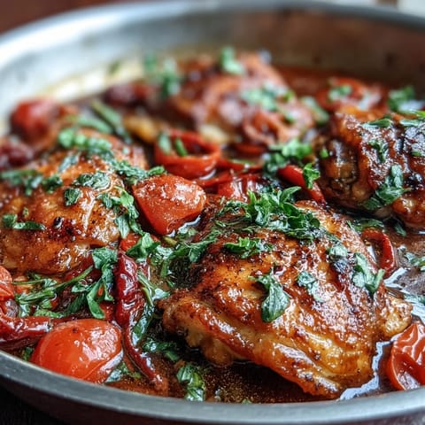Tender chicken thighs in rich red pepper sauce, Easy Basque-Style Chicken recipe.