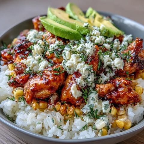Street Corn Chicken Rice Bowls vibrant with colorful toppings and creamy sauce.