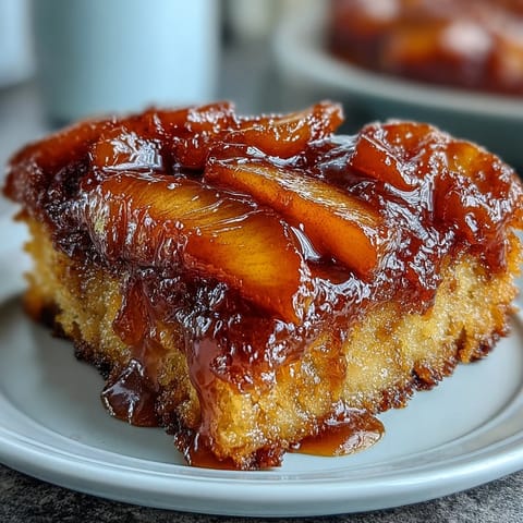 Caramelized peaches crown this glorious Brown Sugar Peach Upside-Down Cake, served warm.