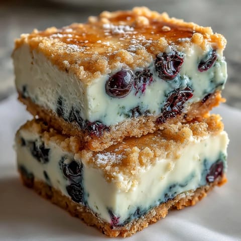 Creamy no-bake lemon blueberry cheesecake bars with vibrant fruit swirls.