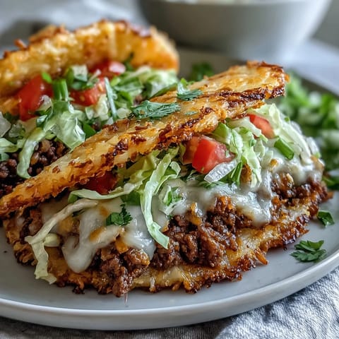 Golden crispy rice burger tacos topped with fresh lettuce, tomato, and cheese.