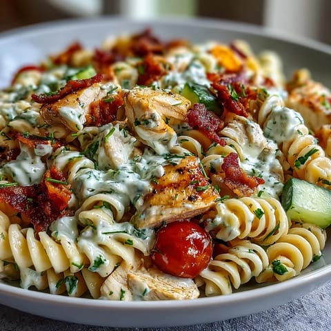 Creamy Chicken Bacon Ranch Pasta Salad overflowing with colorful veggies and crispy bacon.