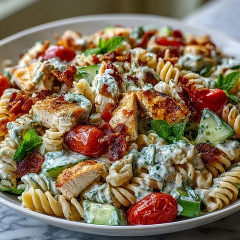 Cold Creamy Chicken Bacon Ranch Pasta Salad, topped with fresh chives for a summer picnic.