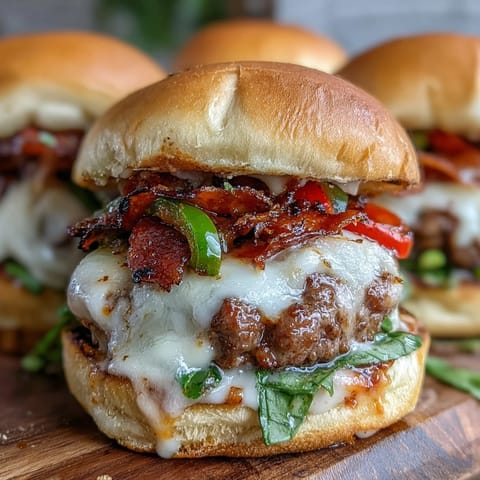 Melted mozzarella crowns cheesy Hot Honey Pizza Burgers on toasted buns.