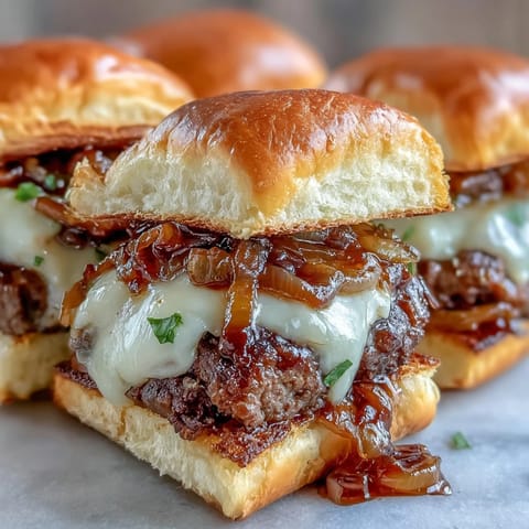 Golden French Onion Smash Burger Sliders with melted Gruyère, perfectly caramelized onions.