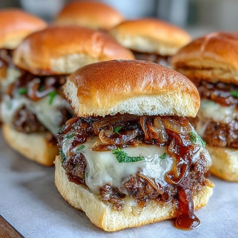 Juicy smashed beef patties piled high with sweet onions on toasted slider buns.
