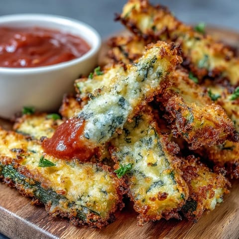 Close-up of oven-baked Parmesan zucchini fries, invitingly golden and crunchy, ready for dipping.
