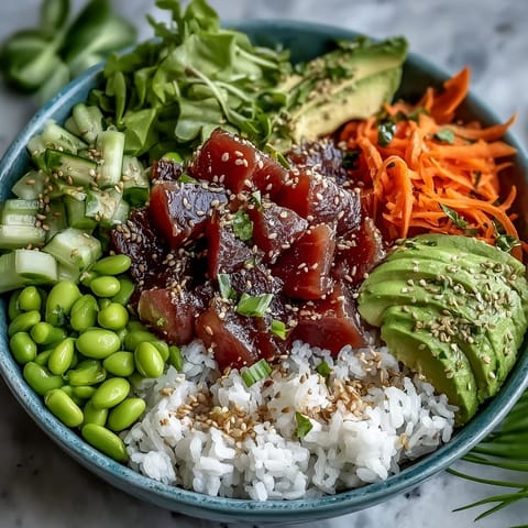 Delicious canned tuna poke bowl, a fast, fresh Hawaiian-inspired meal on rice.