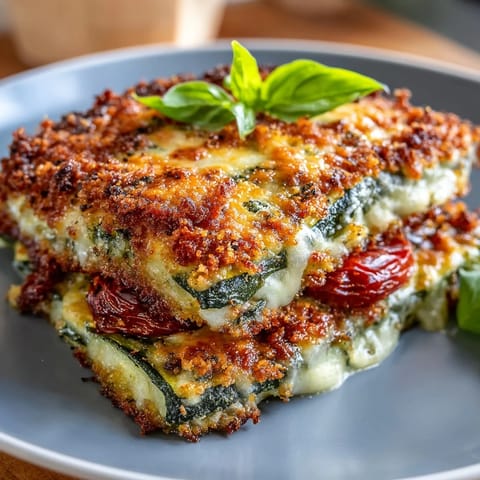 Golden brown Crispy Parmesan Tomato Zucchini Bake with melted mozzarella and fresh basil garnish.