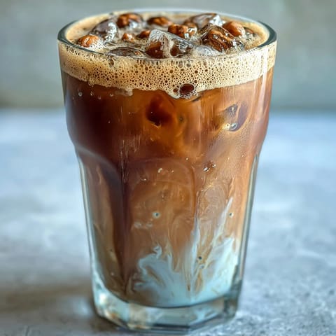 Peach Cobbler Cold Foam Chai with swirled peach compote, creamy topping.