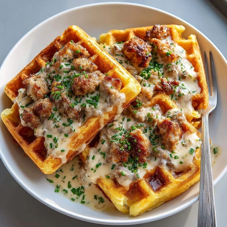 Plated Cornbread Waffles with Buttermilk Gravy, golden edges and savory gravy perfect for brunch.