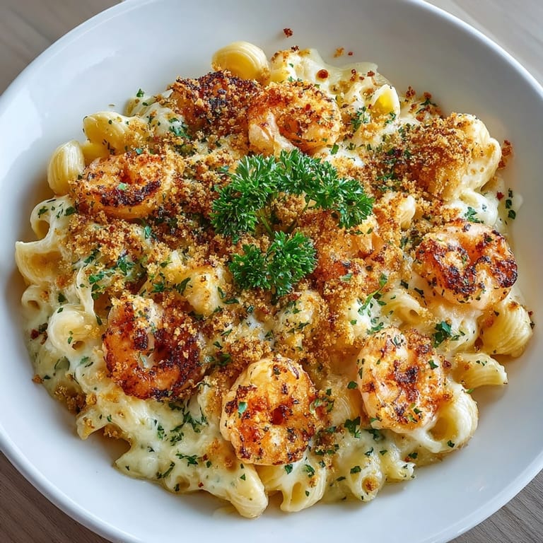 Oven-baked Cajun Shrimp Mac and Cheese served hot, showcasing melted cheese and savory seafood.
