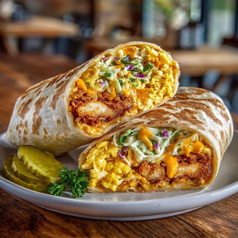 Warm Nashville Hot Chicken Breakfast Burrito served for brunch, oozing spicy sauce with melty cheese and a crunchy slaw filling.