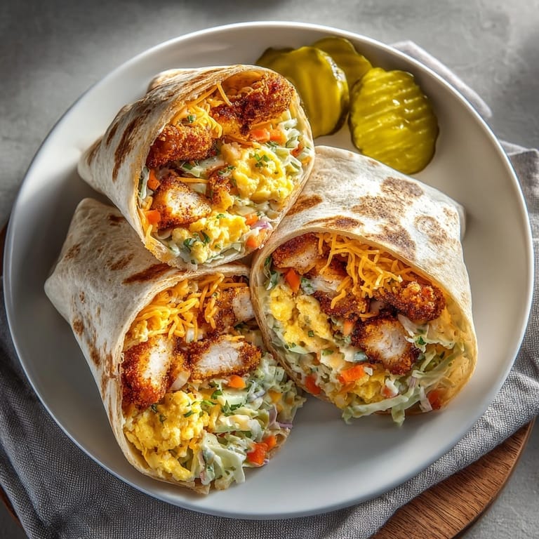 Crispy Nashville Hot Chicken Breakfast Burrito on a plate, garnished with pickles and ready for a bold Southern inspired breakfast.