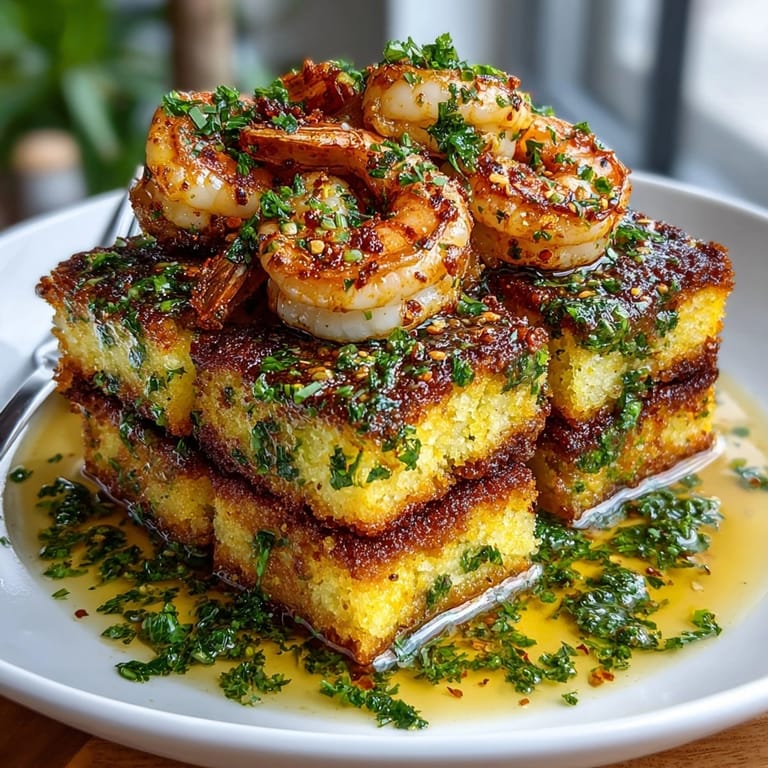 Southern Grit Cakes with Garlic Shrimp plated hot, drizzled in tangy lemon butter sauce for a savory dinner