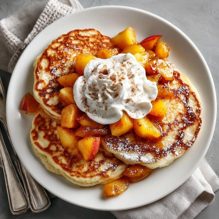 Close-up of peach cobbler pancakes topped with juicy peach compote and sweet whipped cream for brunch.
