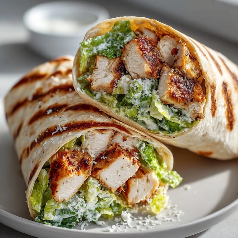 Freshly made Chicken Caesar Wrap sliced open, showing juicy chicken, crisp lettuce, and creamy dressing inside a soft tortilla.