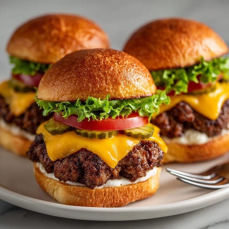 Juicy mini sliders with golden buns, melty cheese, and classic burger toppings ready to serve.