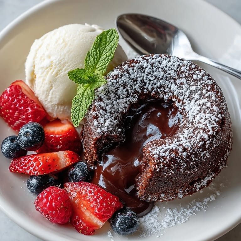 Decadent Chocolate Lava Cake broken open, revealing gooey dark chocolate filling inside.