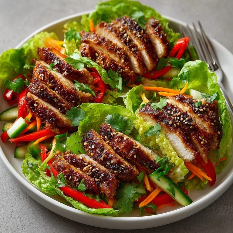 Colorful Grilled Chicken Lettuce Wraps served on a platter with fresh vegetables and dipping sauce.
