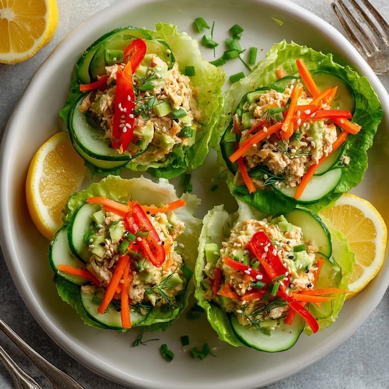 Healthy Avocado Tuna Lettuce Wraps with shredded carrots, cucumber slices, and chives nestled in green lettuce leaves, ready to enjoy for lunch.
