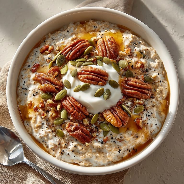 Chilled pumpkin chai overnight oats garnished with toasted pecans and pumpkin seeds, ready to eat