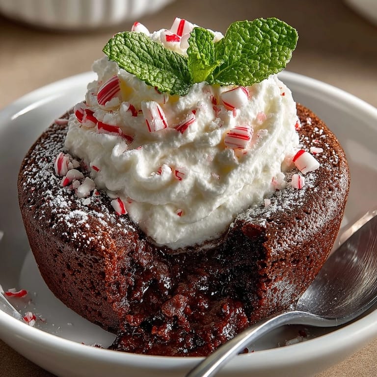 Rich dark chocolate peppermint lava cakes served warm, topped with creamy whipped cream and festive peppermint.