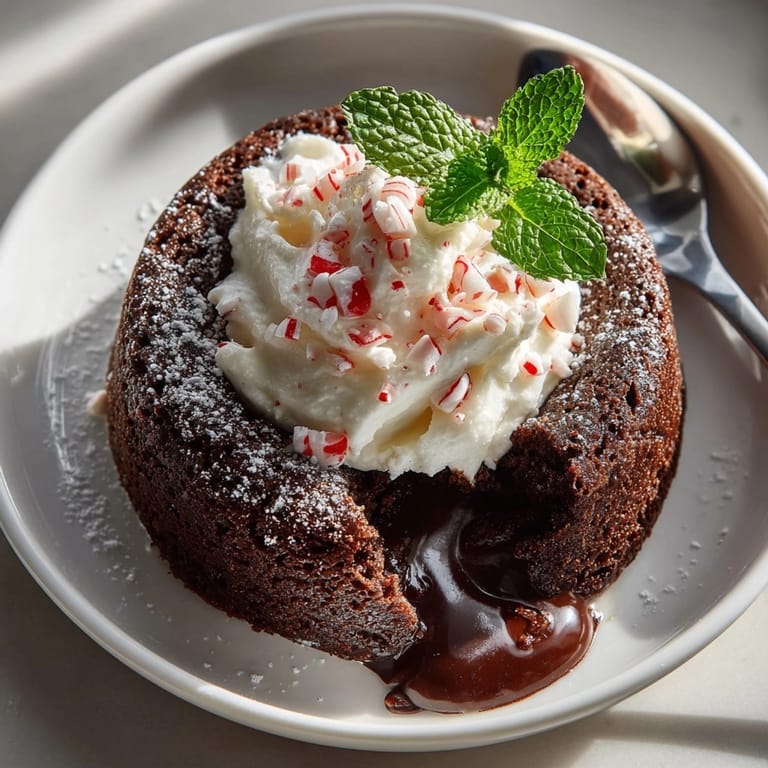 Freshly baked dark chocolate peppermint lava cakes oozing chocolate, garnished with peppermint and fluffy whipped cream.