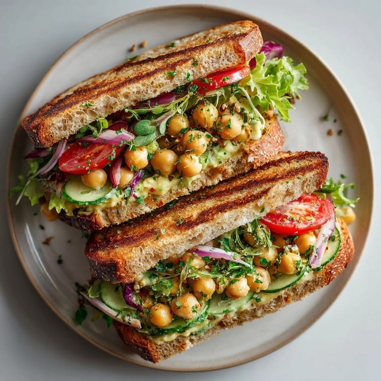 Close-up of smashed chickpea &amp; avocado salad sandwich, bright herbs and lemon, ready for lunch.