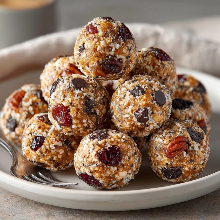 Freshly rolled 5-Minute Maple Pecan Energy Balls with Pumpkin Spice, ready for snacking.