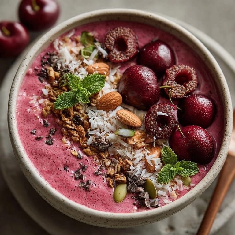 Bright Cherry-Coded Holiday Protein Smoothie Bowl with creamy yogurt and crunchy seasonal toppings