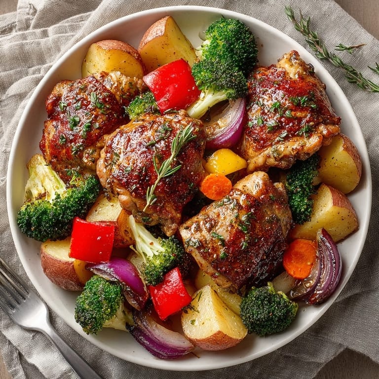 Juicy sheet pan honey garlic chicken thighs nestled among vibrant roasted vegetables, ready for serving