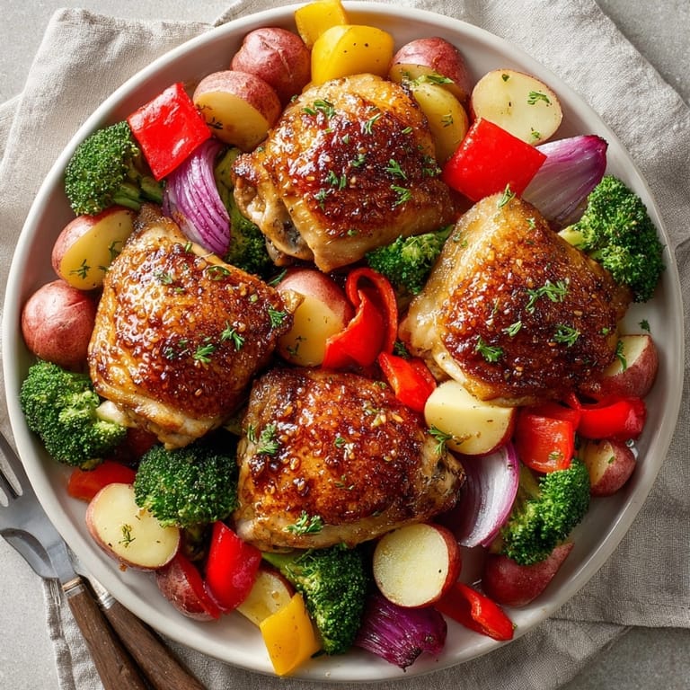 Crispy baked sheet pan honey garlic chicken thighs and tender vegetables, perfect for a comforting family dinner
