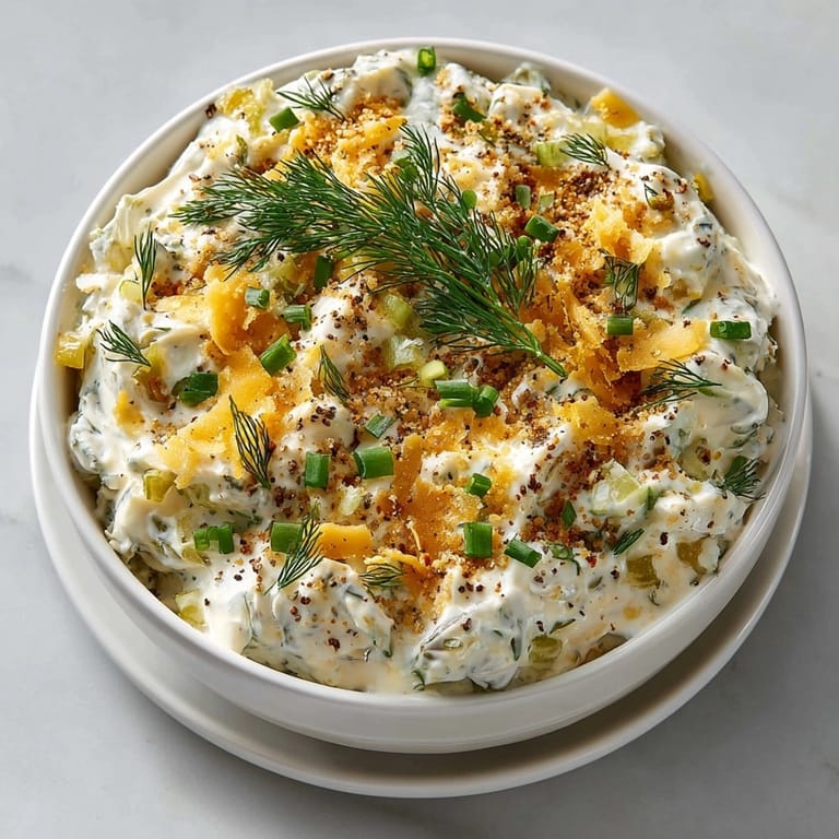 Bowl of Pickle-Fix Savory Dill Pickle Dip garnished with dill and surrounded by dipping chips.