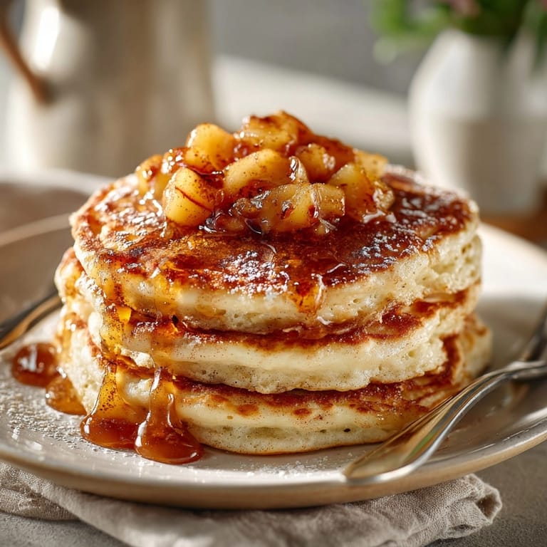 Brown Butter Cinnamon Roll Pancakes topped with warm apple compote and a dusting of powdered sugar.