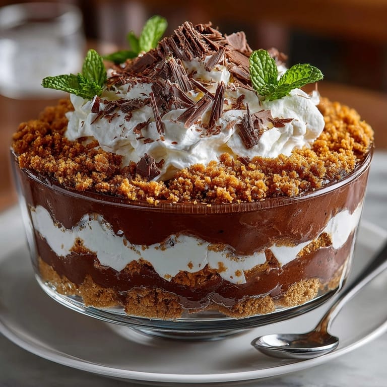 Rich chocolate mousse trifle with cottage cheese, topped with chocolate shavings and fresh mint garnish.
