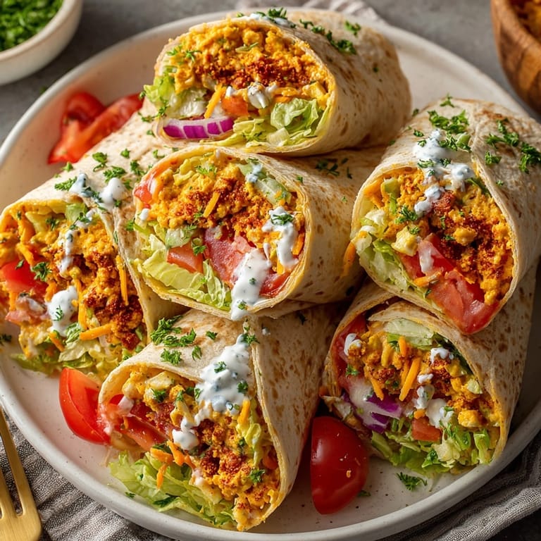 Close-up of 15-Minute Buffalo Chickpea Salad Wraps sliced in half, showing creamy buffalo filling.