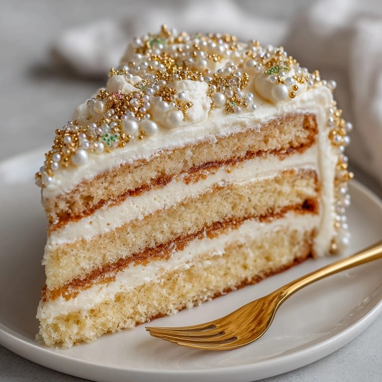A slice of Rococo-Inspired Vanilla Layer Cake with Edible Pearls reveals delicate layers and shimmer.