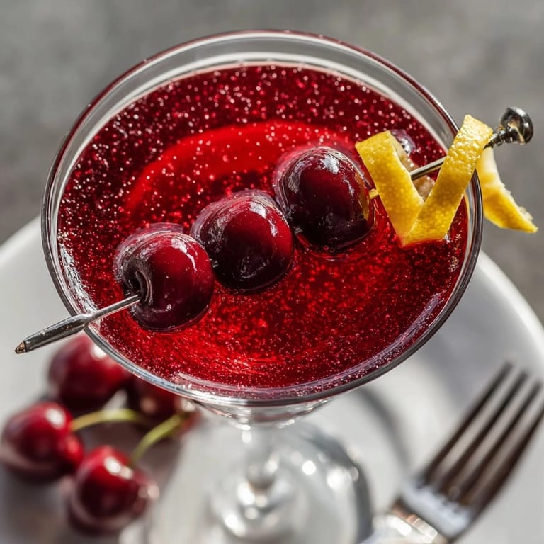 Close-up of Cherry Martini Mocktail with Sparkling Water Twist, icy, bubbly, and vegan-friendly for festive gatherings.