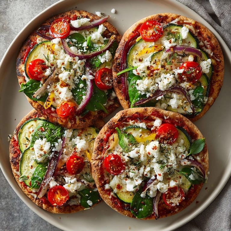 Quick Lunch Pita Pizzas with Seasonal Vegetables fresh from the oven and sliced for a speedy, satisfying meal