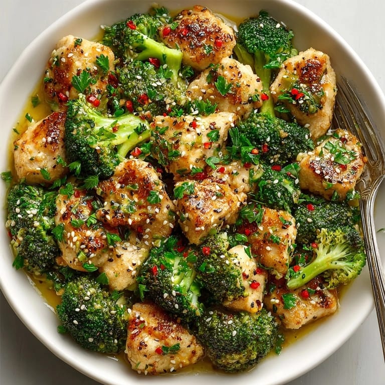 A close-up shows perfectly cooked Garlic Butter Chicken & Broccoli; the flavorful meal is ready in minutes.
