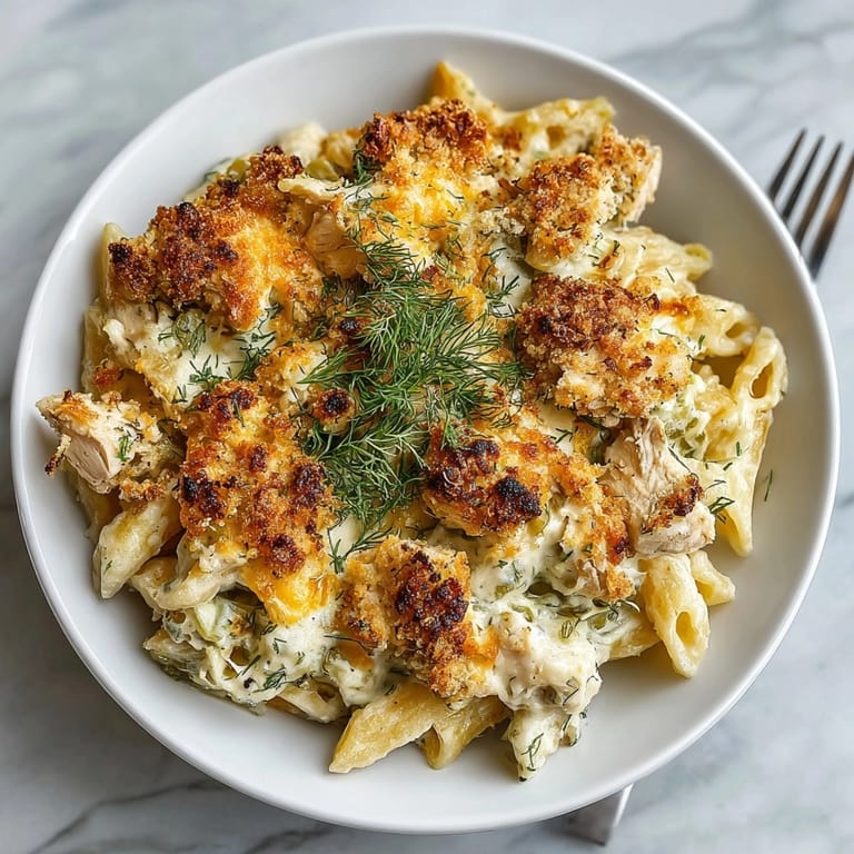 This Pickle Chip Crusted Chicken Pasta Bake features a delightfully crunchy crust and tender, juicy chicken.