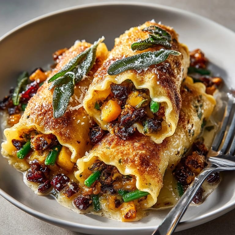 A close-up of Thanksgiving Sage Butter Gnocchi Wraps, revealing a savory filling inside delicate wraps, ready to eat.